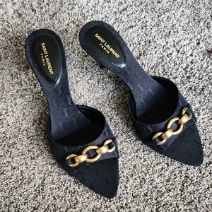 Saint Laurent Black Mules with Gold Chain Detail